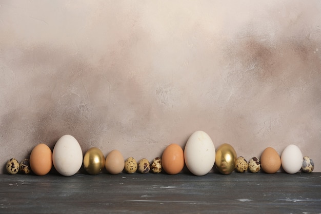 Uova di quaglia, pollo, oca e faraona di diverse dimensioni e colori si trovano in fila contro il vecchio muro.