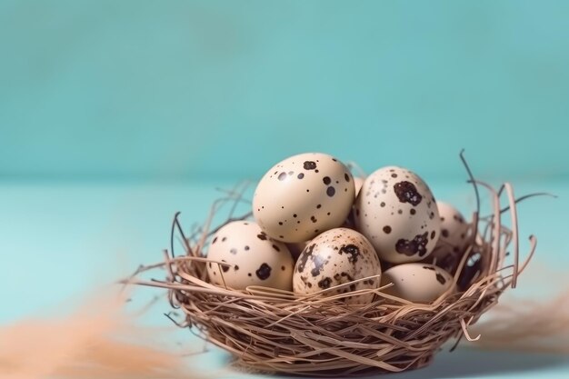 Uova di quaglie nel nido su sfondo pastello Banner AI generato