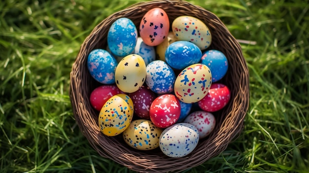 Uova di quaglie pasquali colorate nel nido e tulipani su uno sfondo di pietra beige con composizione di primavera piatta