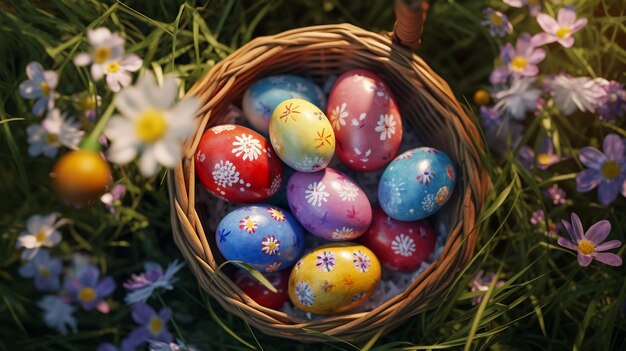 Uova di quaglie pasquali colorate nel nido e tulipani su uno sfondo di pietra beige con composizione di primavera piatta