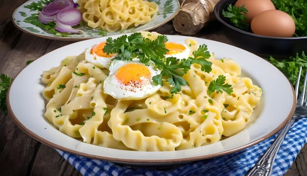 Uova di spaetzle tedesche tagliatelle con burro e prezzemolo in una padella sullo sfondo bianco isolato