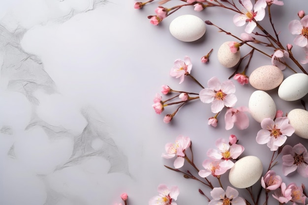 Uova di tonalità morbida e fiori di ciliegio rosa su uno sfondo bianco strutturato che simboleggia la primavera e