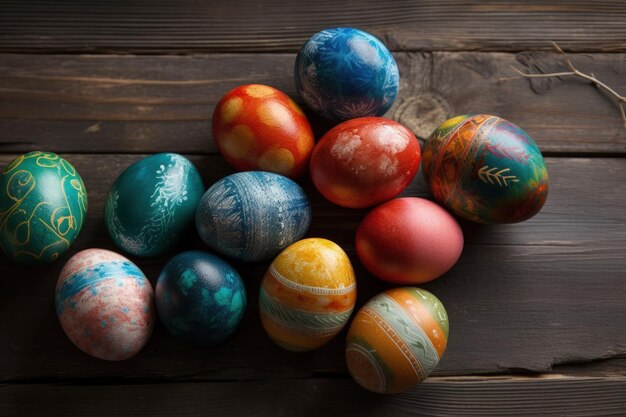 Uova dipinte colorate disposte su un tavolo di legno IA generativa