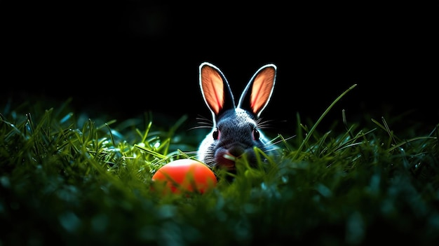 Uova dipinte di Pasqua in un cesto sull'erba su uno sfondo primaverile soleggiato con un coniglioGenerative AI