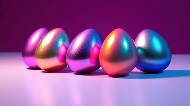 Uova dipinte metalliche olografiche su uno sfondo sfumato realizzato con Generative AI