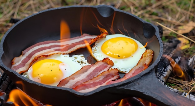 uova e pancetta cucinate con olio nel campo