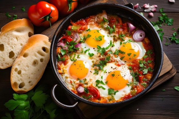 Uova e verdure in una vibrante e gustosa shakshuka Generative AI