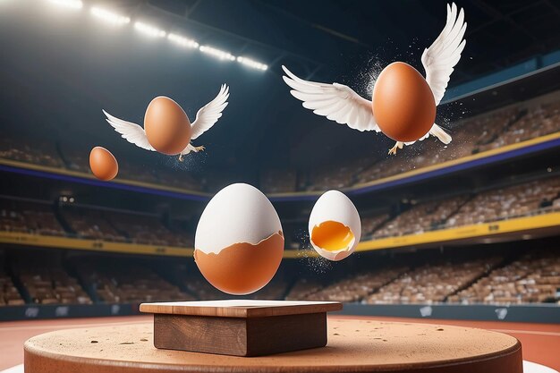 Uova fresche che volano sopra un podio vincente