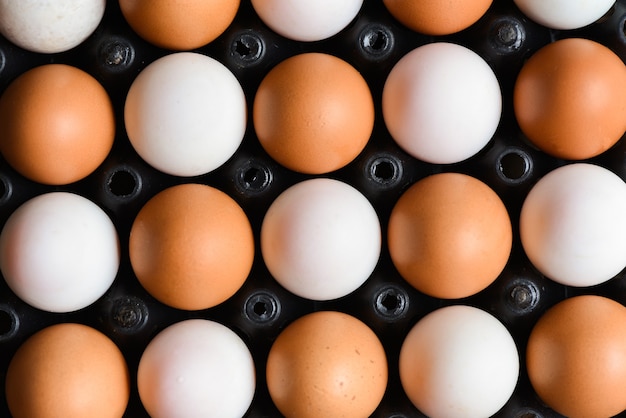 Uova fresche di gallina e uova di anatra nella casella, vista dall'alto