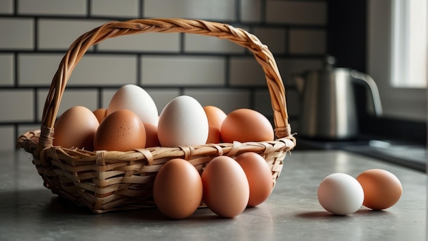 Uova fresche in un cesto sul bancone della cucina