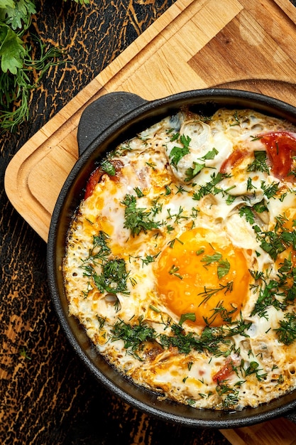 Uova fritte con cipolle di pomodori e pane pita in padella su uno sfondo di legno Gustoso Shakshuka