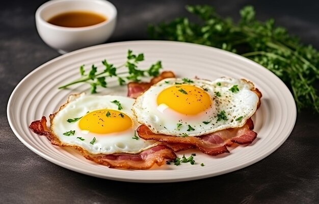 uova fritte con pancetta su piatto bianco decorato con prezzemolo