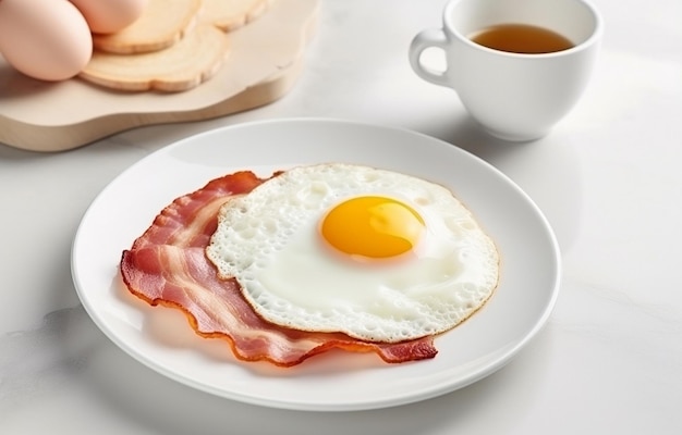 uova fritte con pancetta su un piatto bianco su un tavolo bianco di cucina