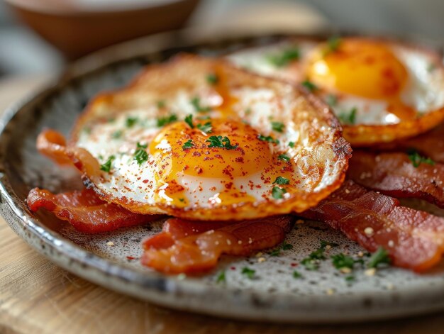 Uova fritte con pancetta sul piatto