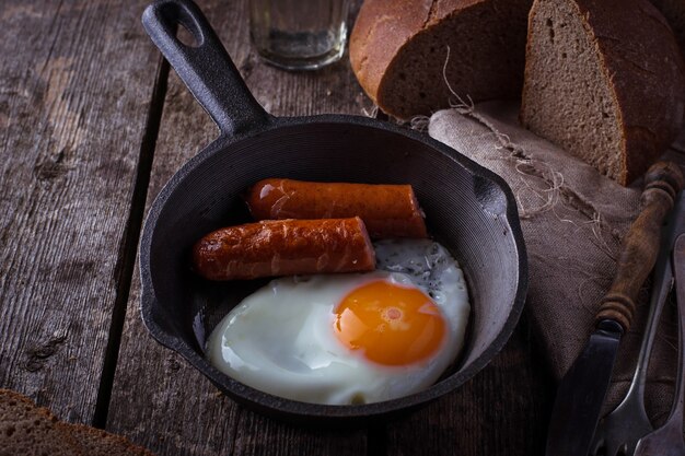 Uova fritte con salsicce in padella. Messa a fuoco selettiva