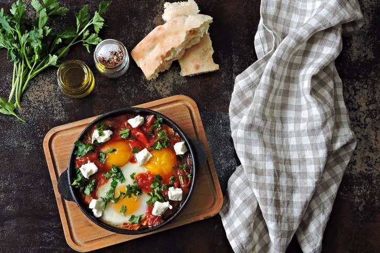 Uova fritte con verdure e feta. Shakshuka. Dieta Keto. Keto colazione o merenda. Stile mediorientale.
