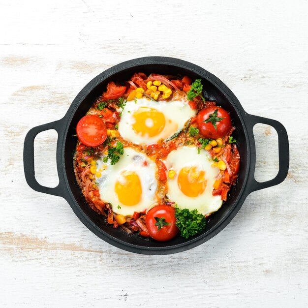 Uova fritte con verdure: pomodori, paprika, peperoni, cipolle. Shakshuka di verdure in padella. Vista dall'alto. Spazio libero per il tuo testo.