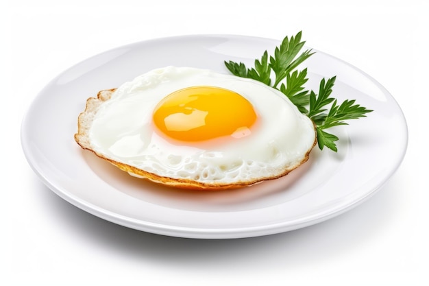 Uova fritte deliziose e appetitose su un piatto bianco isolato su uno sfondo bianco pulito