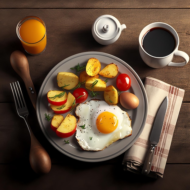 uova fritte e patate arrosto per colazione, colazione perfettamente organizzata