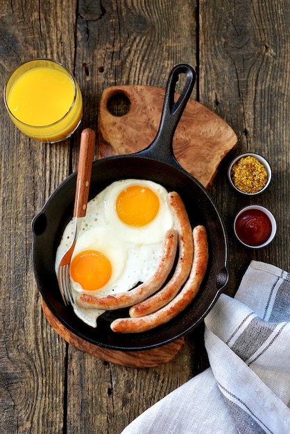 Uova fritte e salsicce sottili in una padella di ghisa