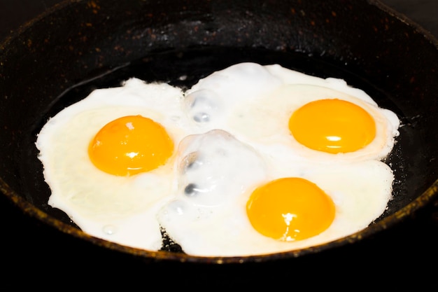 Uova fritte in padella per colazione su sfondo nero.