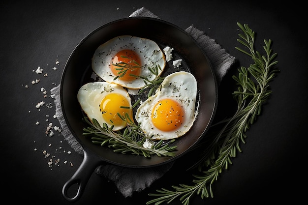 Uova fritte in padella per la colazione foto in studio di prodotti sfondo nero scuro IA generativa