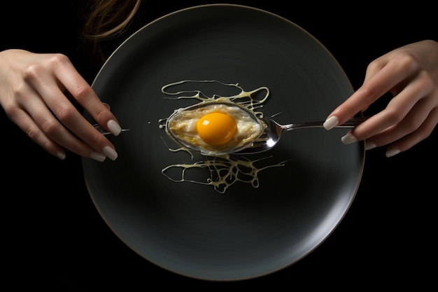 Uova fritte in un piatto con forchetta e coltello in mano