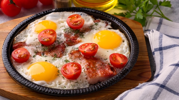 Uova fritte, pancetta e pomodori su una padella antiaderente