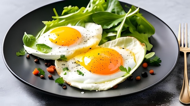 Uova fritte su un piatto con insalata