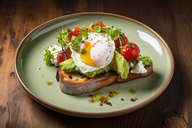 Uova in camicia con pomodoro avocado e germogli di girasole su toast di pasta madre