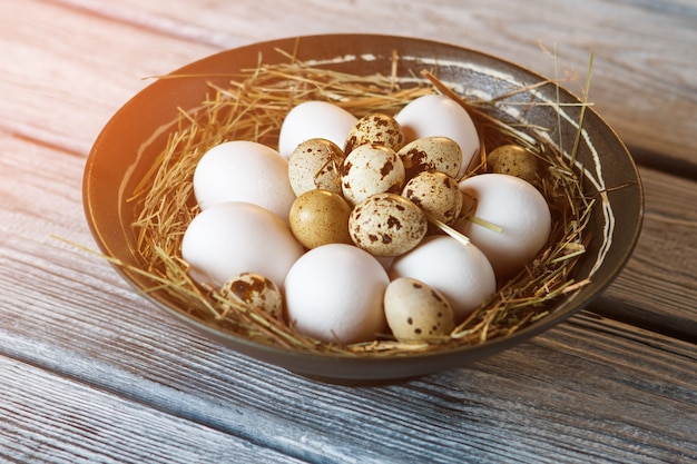 Uova intere in una ciotola. Uova crude su fieno. Quaglia e uova di gallina. Chi vuole una frittata.