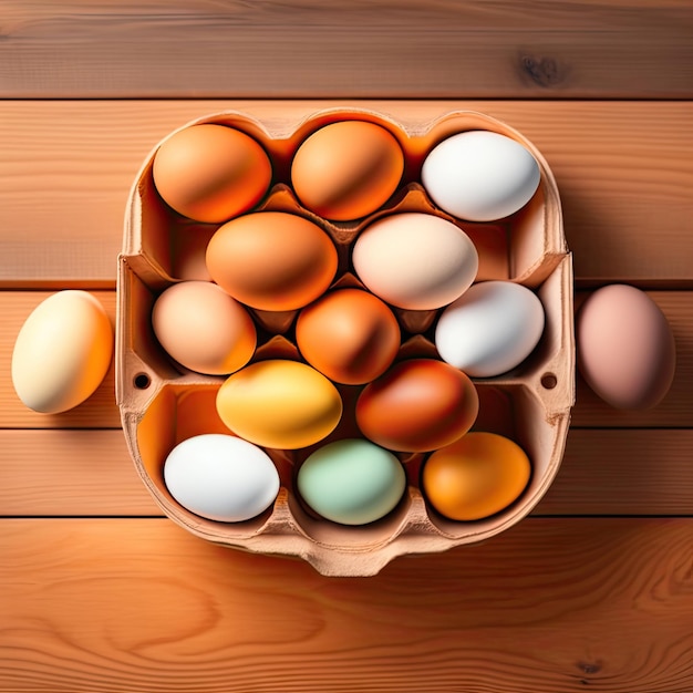 Uova marroni in scatola e maschere mediche su sfondo di legno