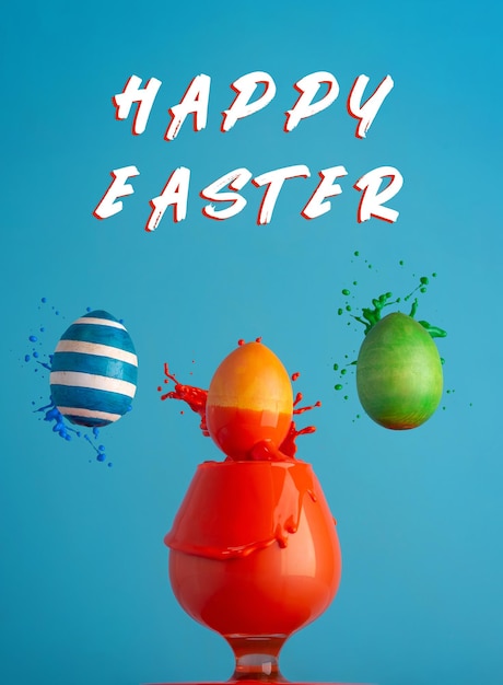 Uova multicolori con spruzzi cadono nella vernice Una carta di Pasqua brillante Un'immagine nello stile del minimalismo