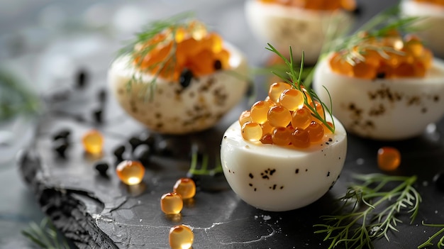 Uova ripiene di caviale immagine fotorealista in primo piano ristorante uova di quaglia Francia