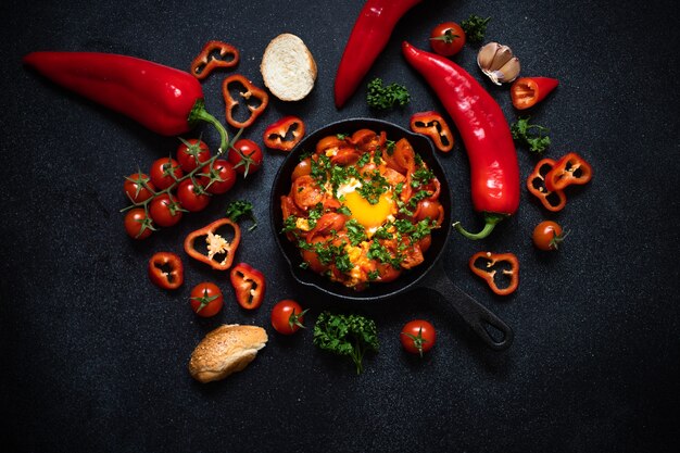 Uova shakshouka in camicia in salsa di verdure