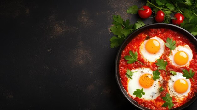 Uova Shakshuka in padella su sfondo nero di cemento Uova strapazzate tradizionali ebraiche ai flat lay