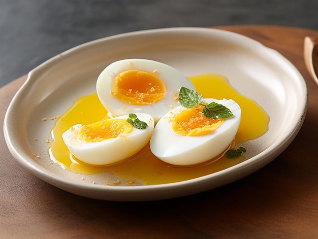 Uova sode e dimezzate poste su un piatto generato ai