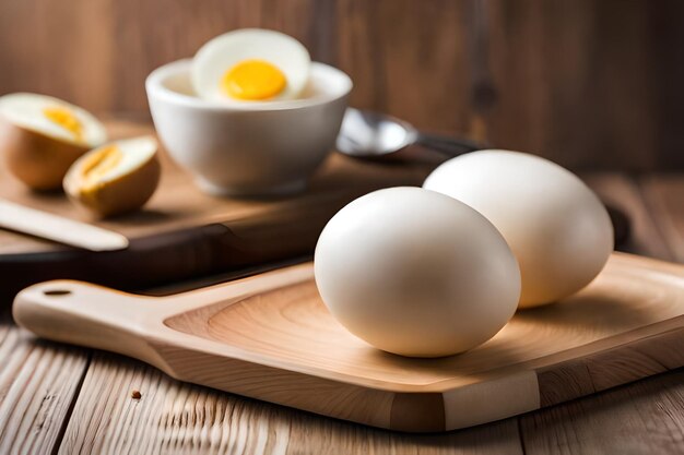 uova su una tavola da taglio con uova su un tavolo di legno.