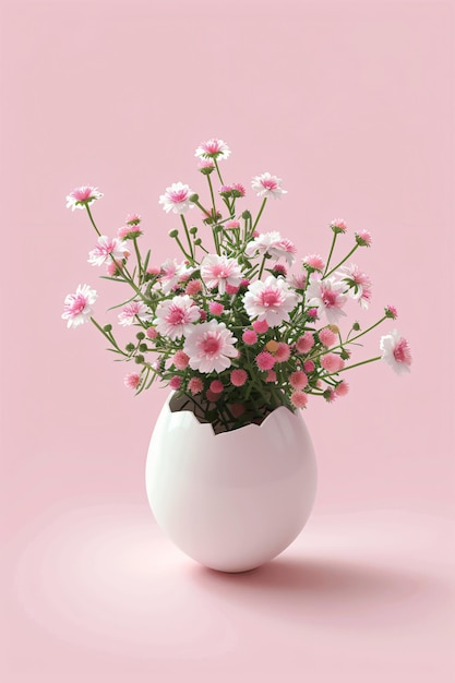 Uovo bianco con fiori all'interno su sfondo rosa pastello concetto di Pasqua minimalista creativo