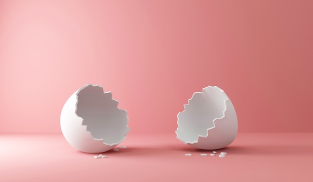 Uovo bianco rotto vuoto sul colore rosa