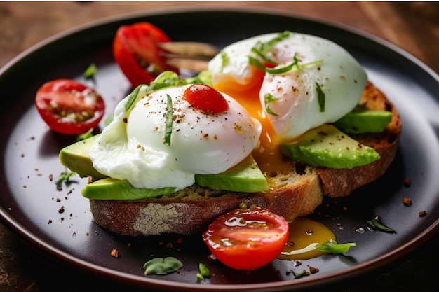 Uovo cotto su pane tostato con avocado e pomodori cherry su sfondo di legno