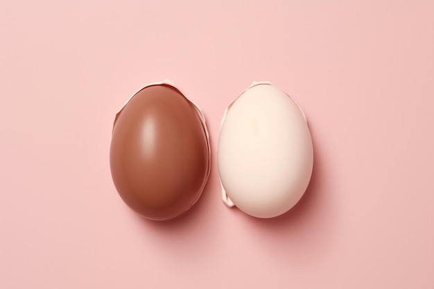 uovo di Pasqua al cioccolato spezzato a metà su sfondo rosa pastello con spazio di copia creativo minimo