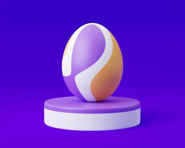 Uovo di Pasqua colorato sul podio 3d rendering illustrazione su sfondo viola felice giorno di pasqua concetto scena minima con piedistallo e uovo