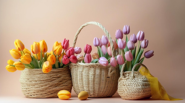 Uovo di Pasqua con cesti pieni di tulipani e fiori Illustrazione ai generativa