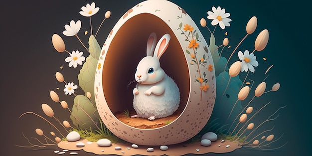 Uovo di Pasqua con coniglio bianco carino Un coniglio dentro un uovo con fiori sullo sfondo
