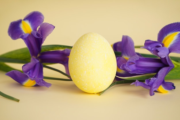 Uovo di Pasqua con fiori su sfondo giallo