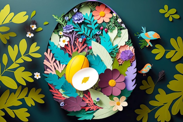 Uovo di pasqua di carta con fiori luminosi e foglie collage di carta artistica creato con intelligenza artificiale generativa