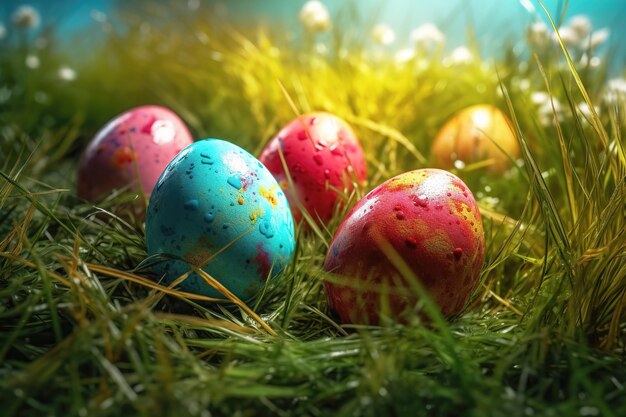 Uovo di Pasqua di colore diverso su un'erba