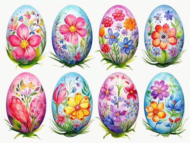 Uovo di Pasqua dipinto a mano con fiori e foglie e molti colori sullo sfondo isolato