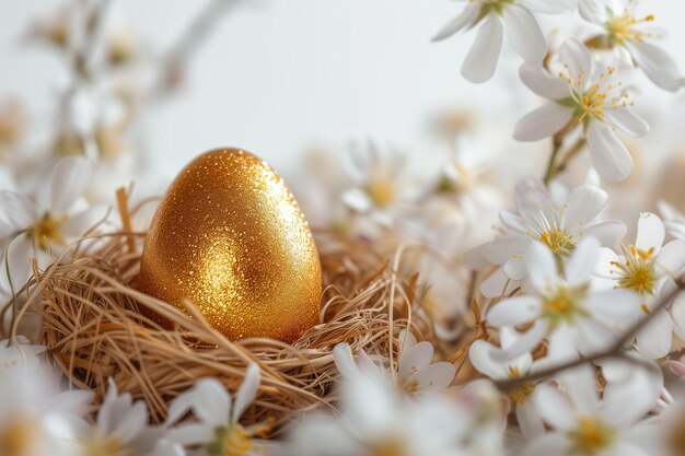 Uovo di Pasqua dorato e luccicante nel nido tra i fiori bianchi primaverili